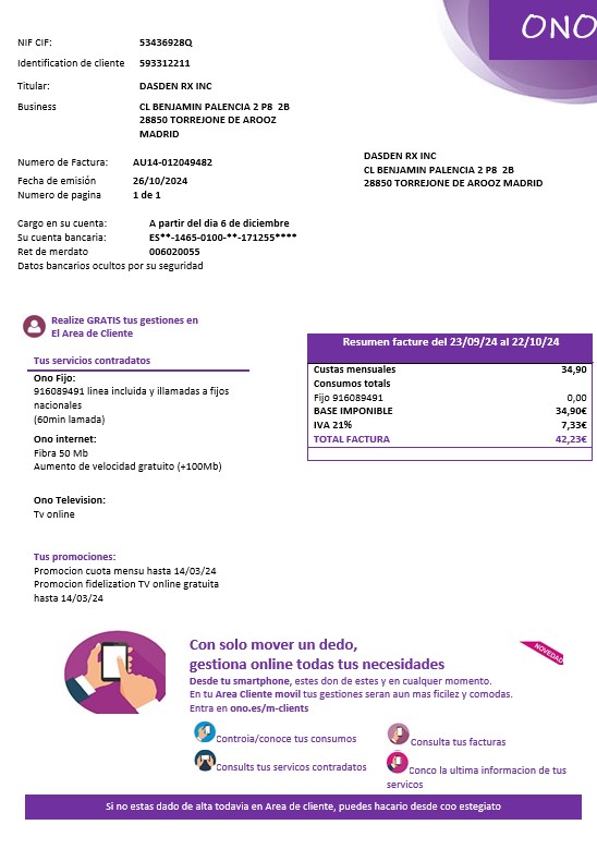 Spain ONO easy fillable business utility bill template in Word and PDF formats